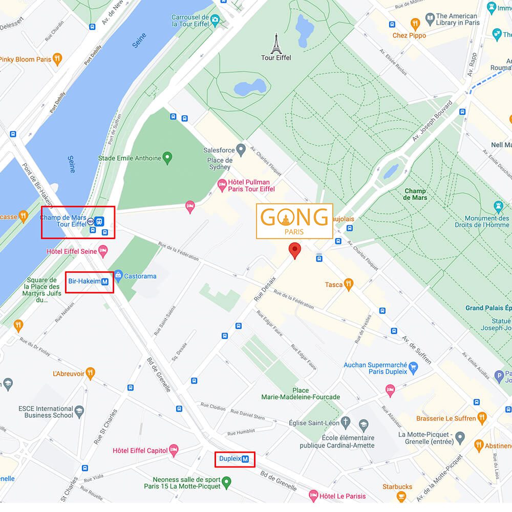 Plan d'accès de l'institut GONG Paris, 5 rue Desaix, près de la tour Eiffel